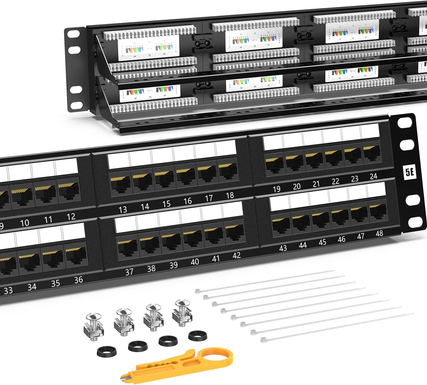 پنل پچ AMPCOM سری Premium CAT5/5e، روکش طلای 15 میکرون، 2U 48 پورت، قابل نصب در رک یا روی دیوار، پنل مدیریت کابل، برد برچسب، RJ45، 568A 568B