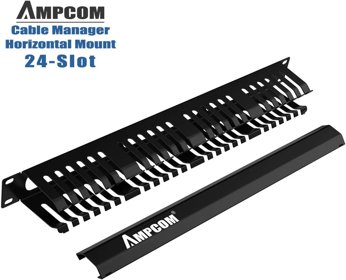 محفظه مدیریت کابل AMPCOM 1U، نصب افقی، رک سرور 19 اینچی به همراه پیچ های نصب، سازمان دهنده سیم فلزی 24 شیاره با پوشش