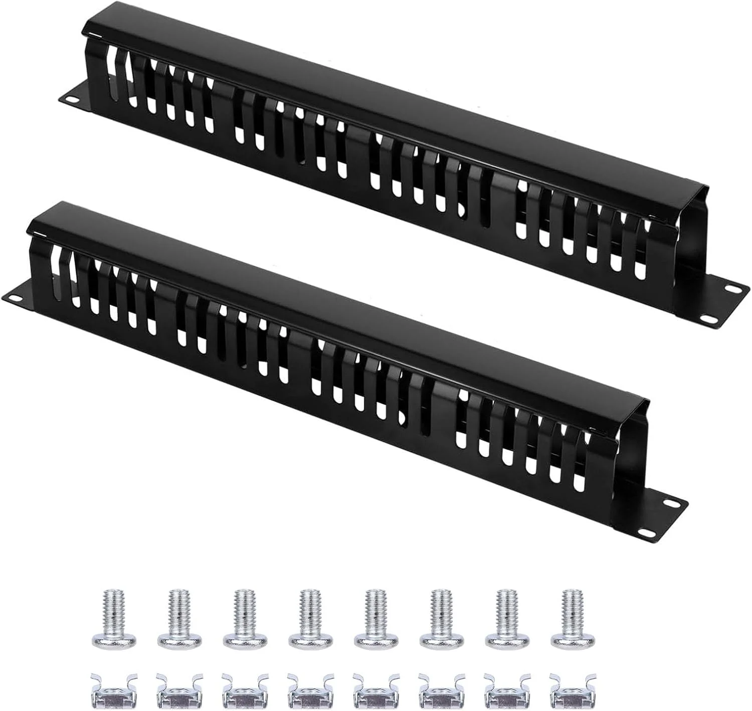 بسته 2 عددی مدیریت کابل فلزی 1U 19 اینچی، سازمان دهنده سیم افقی قابل نصب در رک با 24 شکاف انگشتی برای رک سرور 19 اینچی، کابینت