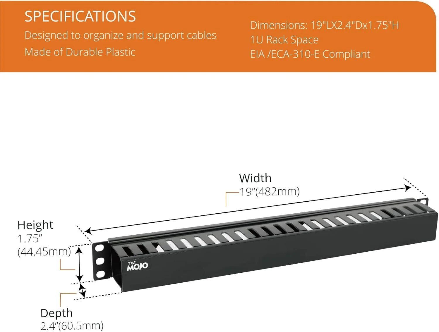 مدیریت کابل رک سرور 1U Tecmojo، مدیریت کابل افقی پلاستیکی با پوشش، مدیریت کابل شبکه برای رک 19 اینچی AV/IT/Data/Audio، سازمان دهنده داکت سیم 24 شکاف