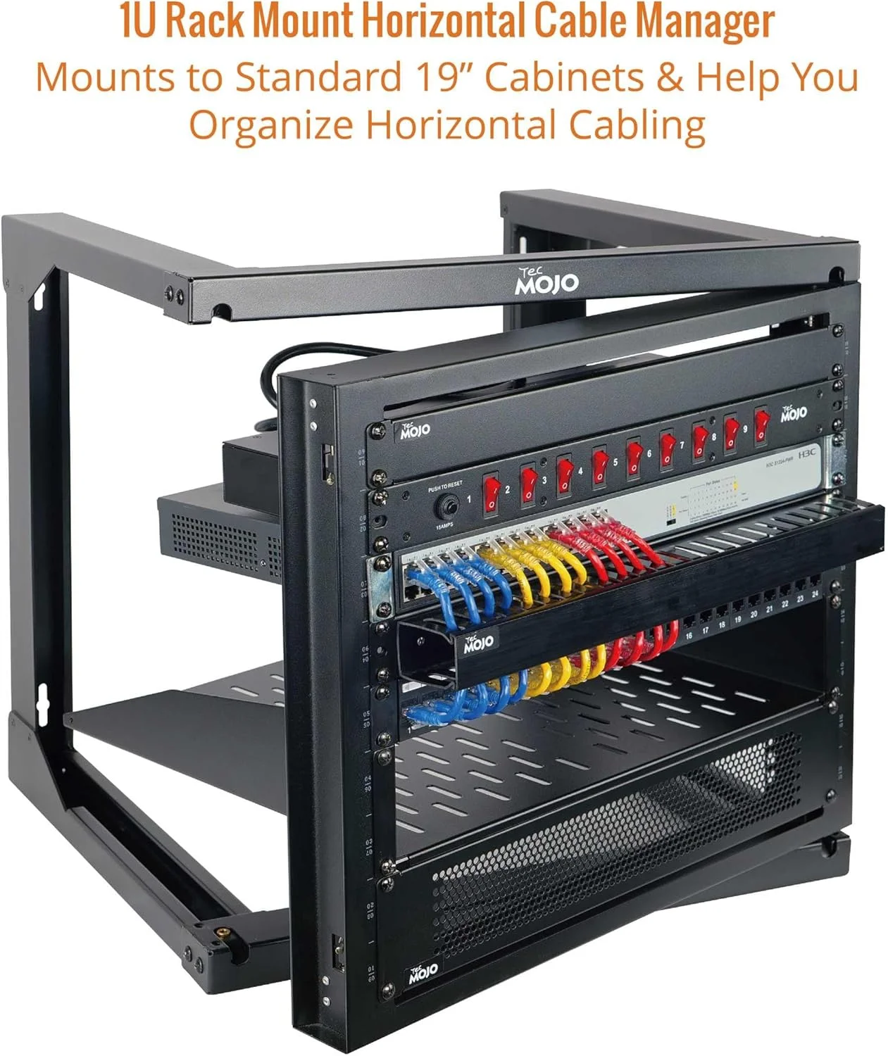 مدیریت کابل رک سرور 1U Tecmojo، مدیریت کابل افقی پلاستیکی با پوشش، مدیریت کابل شبکه برای رک 19 اینچی AV/IT/Data/Audio، سازمان دهنده داکت سیم 24 شکاف