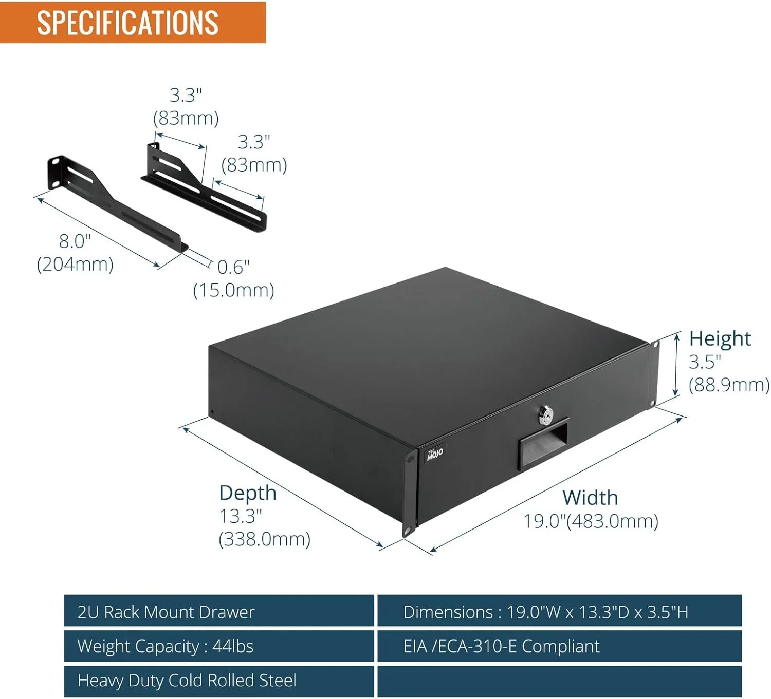 کشو رک Tecmojo 2U، نصب رک برای رک یا محفظه کابینت شبکه/سرور/AV 19 اینچی، قفل‌شدنی با پشتیبانی عقب - تحمل بار 10 کیلوگرم، با ورودی کابل و سوراخ‌های مدیریت کابل، مشکی