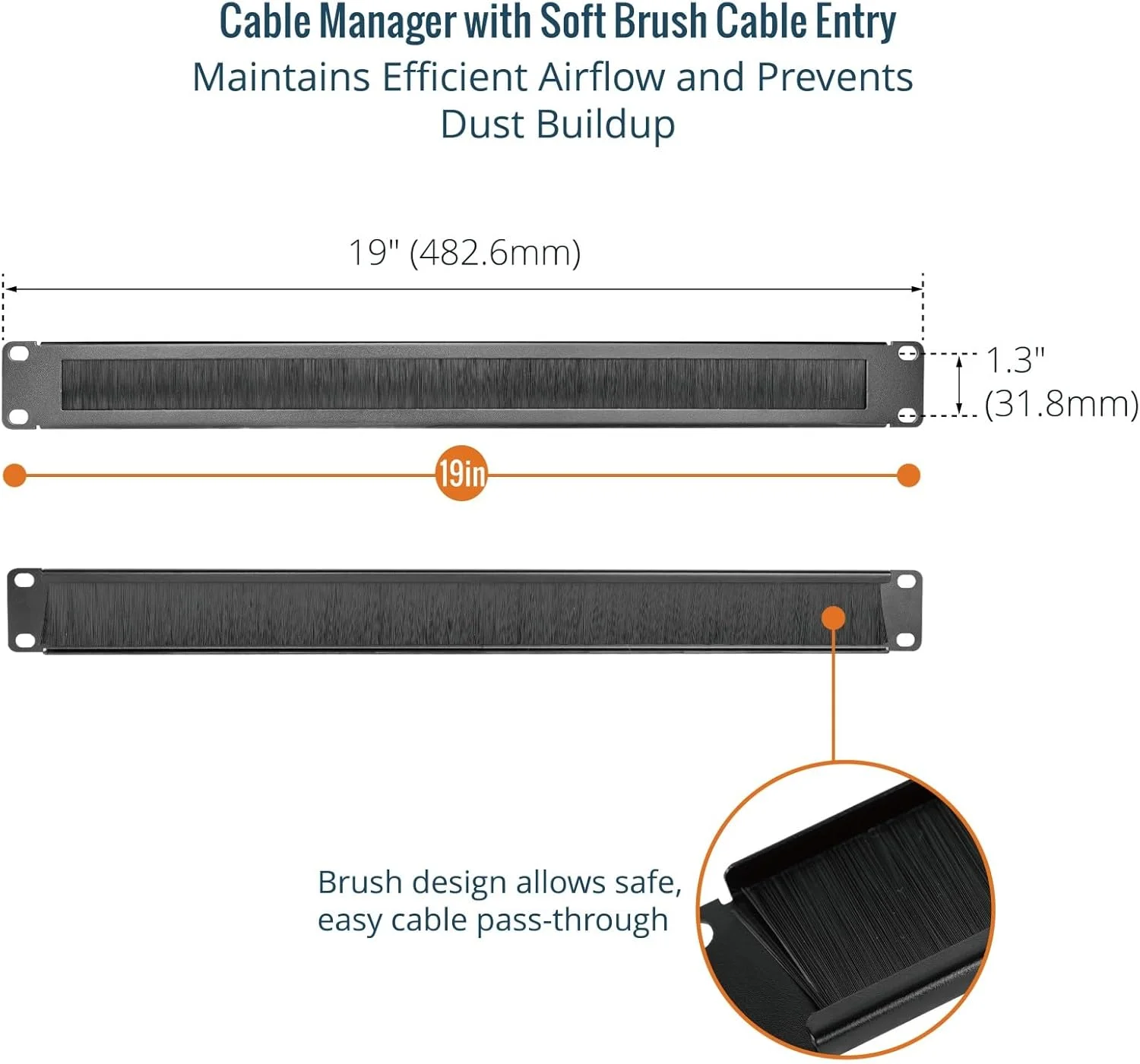 پنل مدیریت کابل رک مونت 1U Tecmojo با برس، پنل برس دار رک برای رک سرور 19 اینچی یا کابینت شبکه، مشکی، بسته 2 عددی