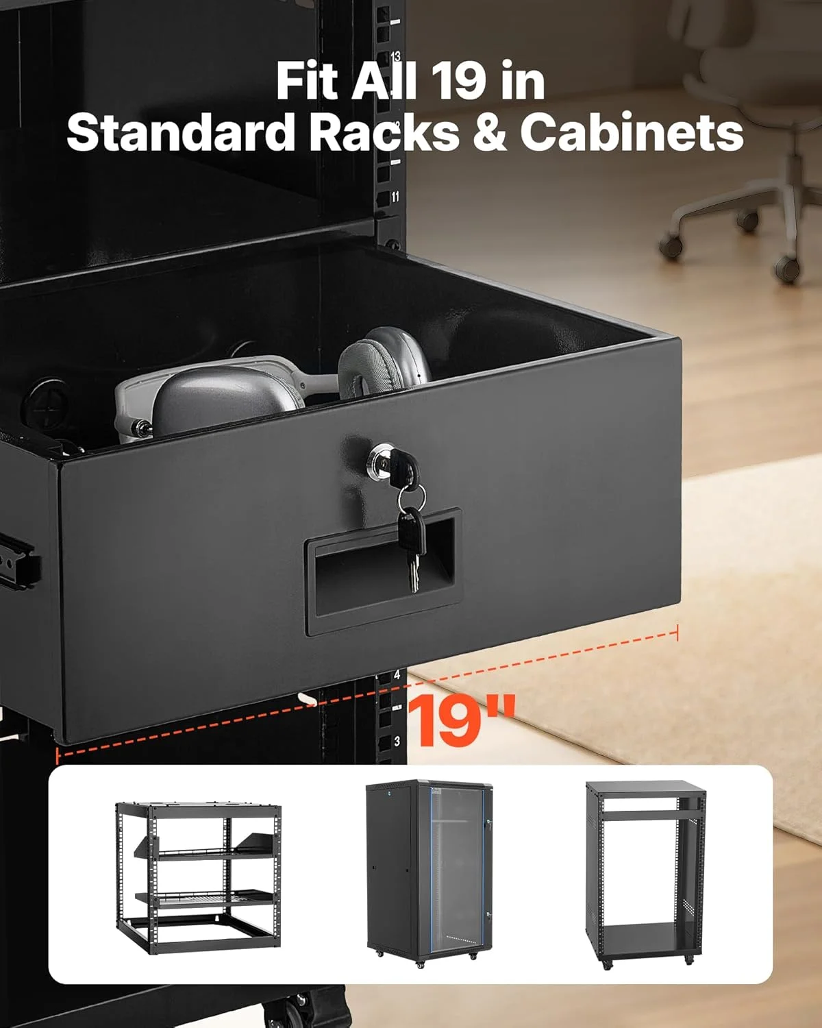 کشو رک مونت 4U VEVOR، جعبه کابینت سرور قفل‌دار، کشو کشویی با قفل و سوراخ‌های مدیریت کابل، برای رک یا محفظه کابینت AV سرور تجهیزات شبکه 19 اینچی، حداکثر تحمل وزن 50 پوند