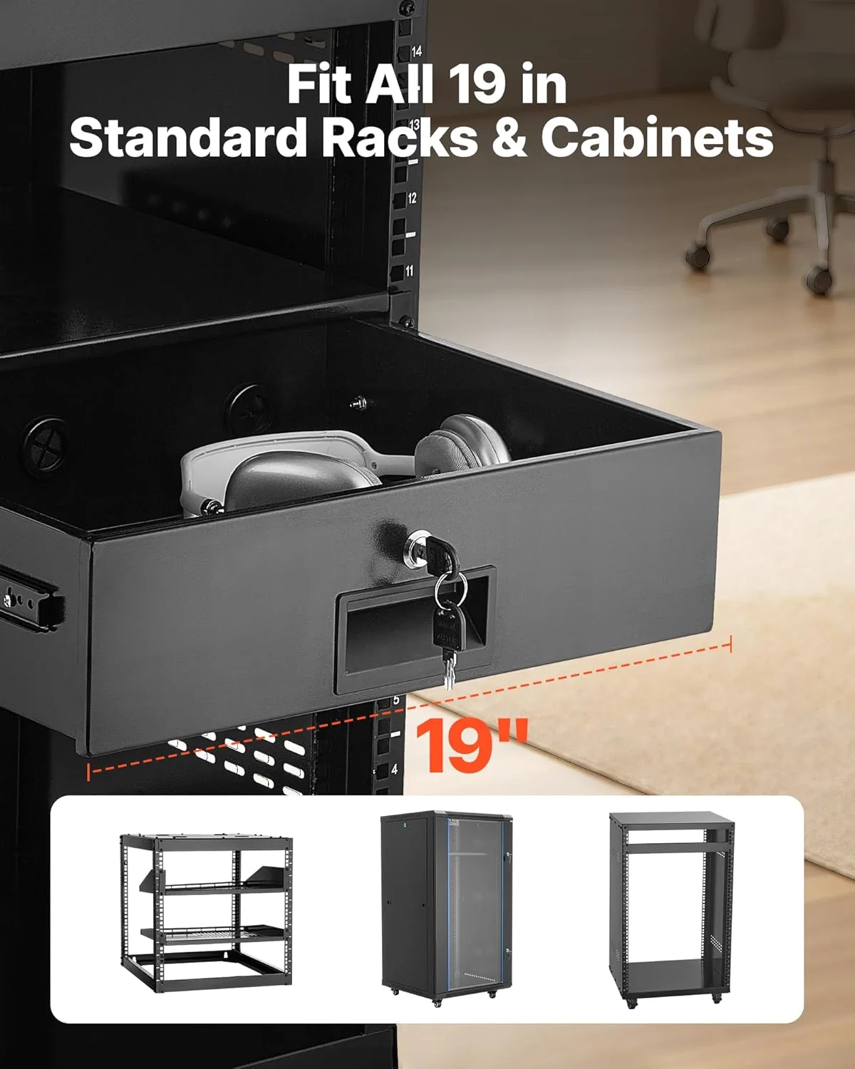 کشو رک ۳ یونیت VEVOR، ۲۲.۶۸ کیلوگرم، محفظه کابینت سرور قفل‌دار، کشو کشویی با قفل و سوراخ‌های مدیریت کابل، برای دستگاه شبکه ۴۸۲ میلی‌متری، رک AV سرور یا محفظه کابینت