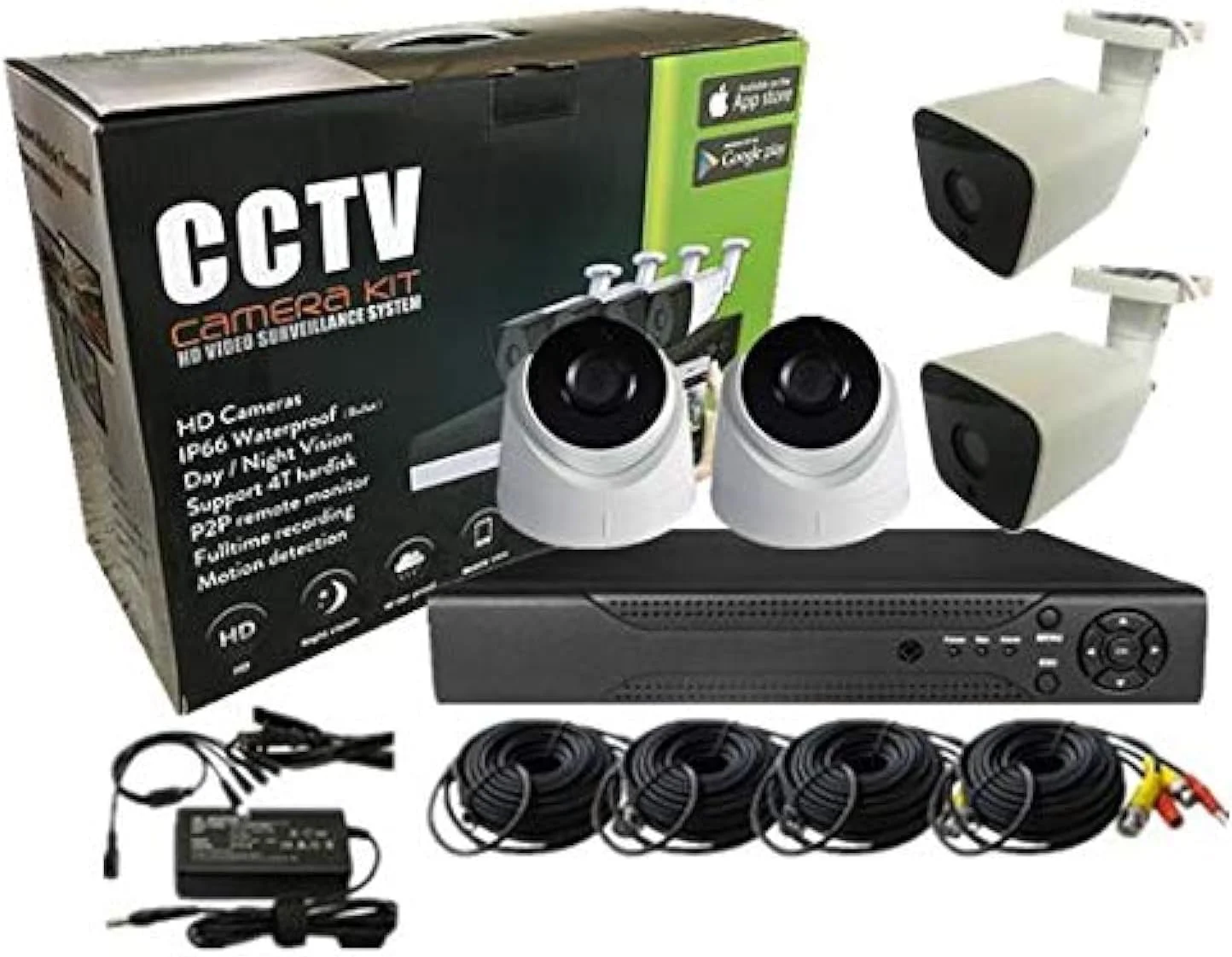 کیت دوربین مداربسته AHD چهار کاناله 1080P/2.0MP با سیستم ضبط امنیتی DVR هیبریدی 5 در 1 1080N و 2 عدد دوربین بولت بیرونی و 2 عدد دوربین دام داخلی سیستم هشدار و P2P Clouds امنیت خانه