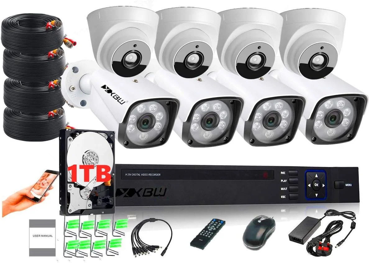 کیت امنیتی دوربین مداربسته 8 کانال 1080P/2.0MP 1920X1080 شامل DVR نظارتی 8 کانال با هارد دیسک 1 ترابایتی، 4 عدد دوربین بولت فلزی 2.0 مگاپیکسلی مناسب فضای باز و 4 عدد دوربین دام مناسب فضای داخلی، سیستم هشدار و P2P برای امنیت خانه