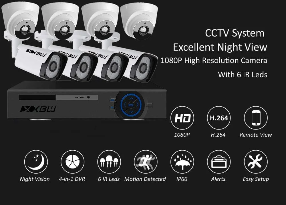 کیت امنیتی دوربین مداربسته 8 کانال 1080P/2.0MP 1920X1080 شامل DVR نظارتی 8 کانال با هارد دیسک 1 ترابایتی، 4 عدد دوربین بولت فلزی 2.0 مگاپیکسلی مناسب فضای باز و 4 عدد دوربین دام مناسب فضای داخلی، سیستم هشدار و P2P برای امنیت خانه