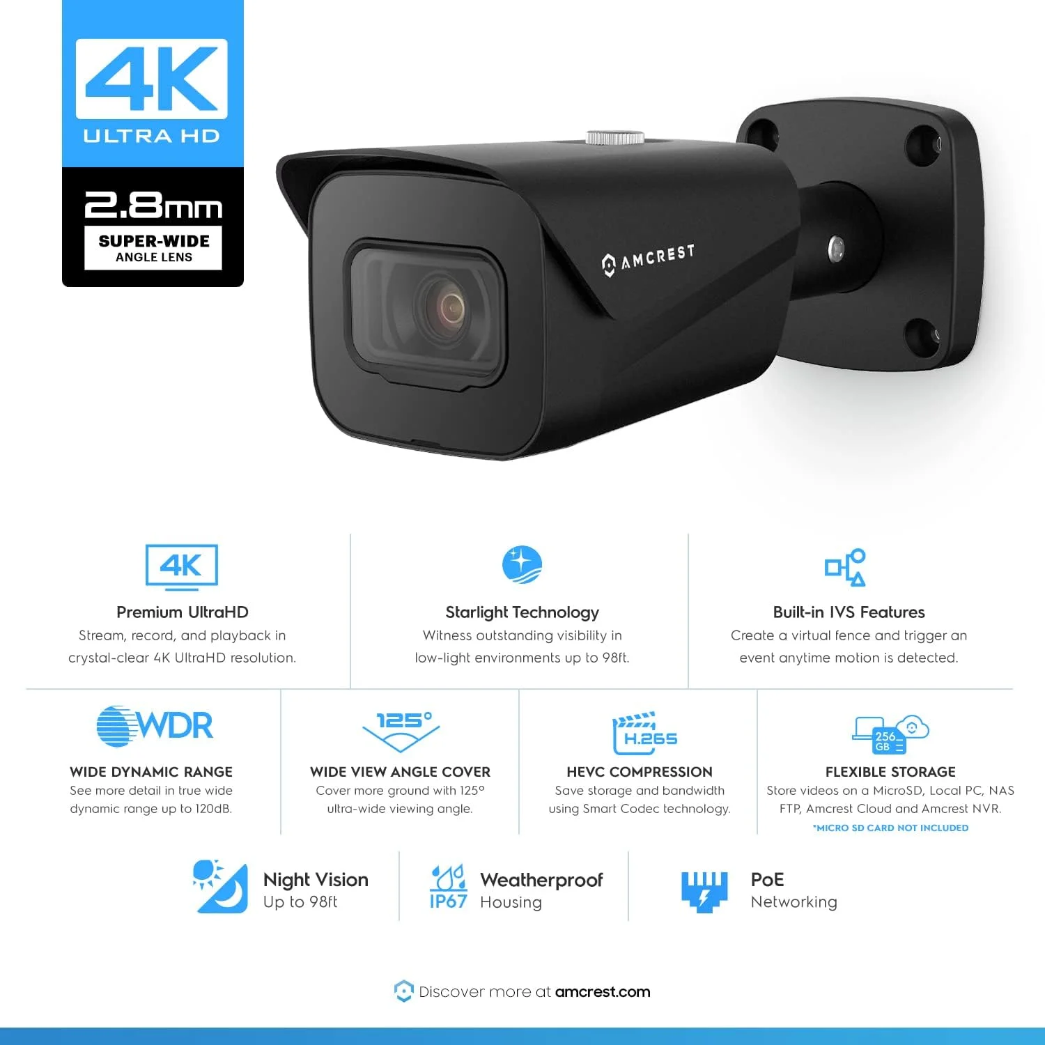 دوربین امنیتی بولت تحت شبکه 4K (8 مگاپیکسل) مناسب فضای باز Amcrest، دید در شب 30 متری، لنز 2.8 میلی‌متری، ضد آب و هوا IP67، ضبط MicroSD تا 256 گیگابایت، مشکی (IP8M-2496EB-V2)