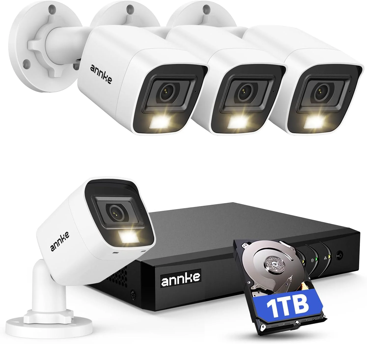 دستگاه ضبط ویدیویی ۸ کاناله لایت ۱۰۸۰P H.264+ HD-TVI ANNKE به همراه ۴ عدد دوربین بولت فلزی مقاوم در برابر آب و هوای ۹۶۰P با رزولوشن ۱.۳۰ مگاپیکسل + سیستم دوربین مداربسته با هارد دیسک ۱ ترابایتی مخصوص نظارت حرفه ای، هشدار ایمیلی راحت با تصاویر