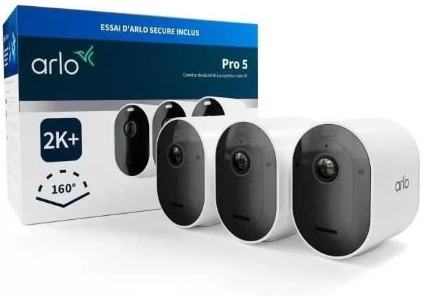 دوربین امنیتی فضای باز Arlo Pro 5 WLAN، 2K UHD، بسته 3 عددی سفید، دید در شب پیشرفته، زاویه دید 160 درجه، صدای 2 طرفه، با طرح آزمایشی ایمن