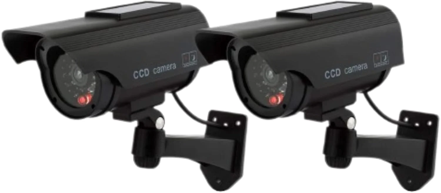 دوربین امنیتی جعلی خورشیدی ATTA، سیستم نظارتی دوربین امنیتی گلوله ای با چراغ های قرمز چشمک زن واقعی برای خانه و محل کار (2 عدد، مشکی)