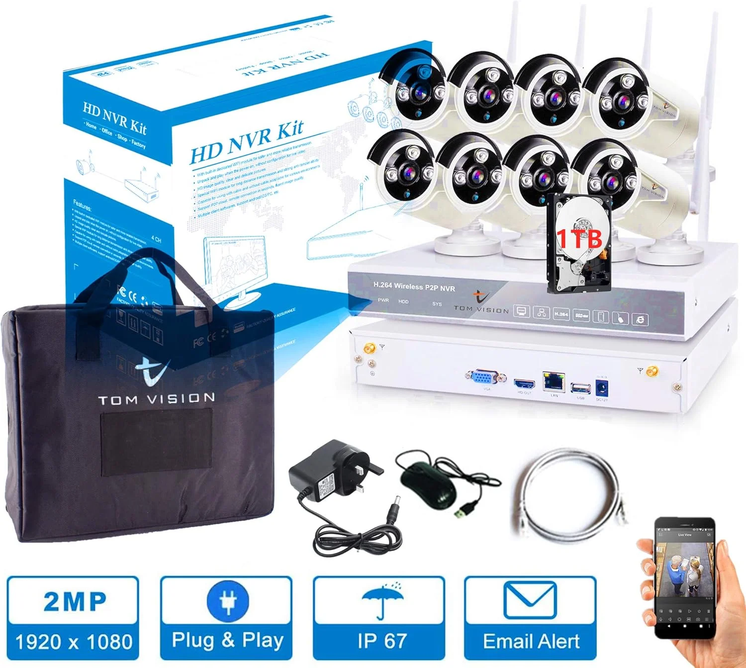 کیت NVR وای فای 10 کانال 5 مگاپیکسل/2K HD با 8 عدد دوربین بولت IP بی سیم 3 مگاپیکسلی دارای میکروفون به همراه هارد دیسک 1 ترابایتی، سیستم کیت NVR بی سیم P2P دید در شب IR مناسب فضای باز کیت NVR وای فای 10 کانال 5 مگاپیکسل/2K HD با 8 عدد دوربین بولت IP بی سیم 3 مگاپیکسلی دارای میکروفون به همراه هارد دیسک 1 ترابایتی، سیستم کیت NVR بی سیم P2P دید در شب IR مناسب فضای باز