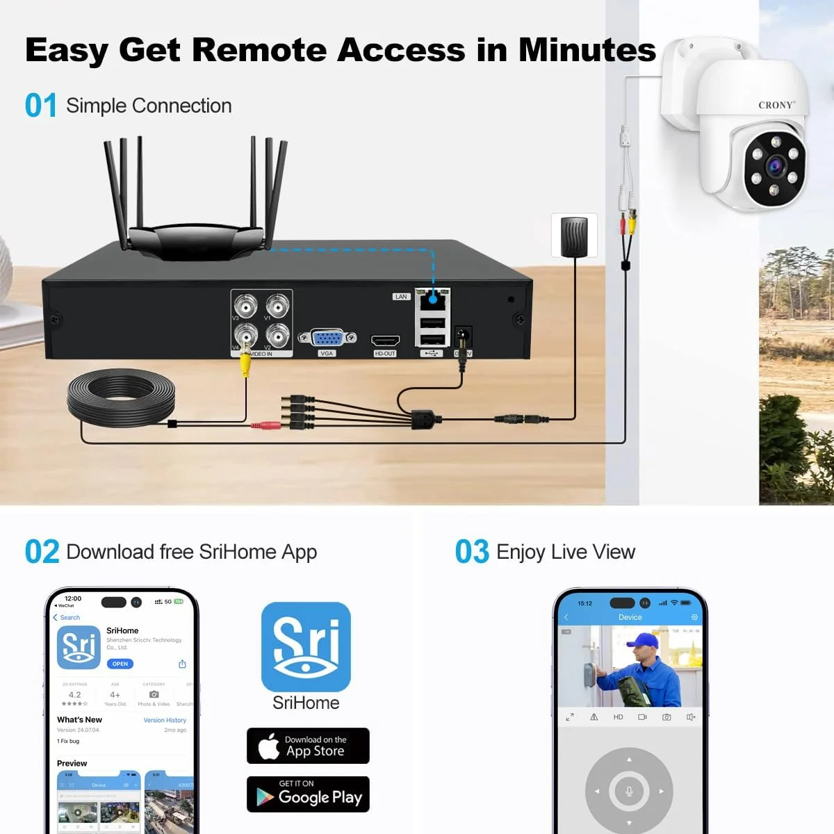 سیستم دوربین مداربسته سیمی CRONY - NVS004 5-1 5MN FHD نظارت 4 کانال 5MP کیت XVR فضای باز و داخلی با 4 عدد دوربین HD و 1 عدد XVR با دید در شب صوتی، تشخیص حرکت و آلارم