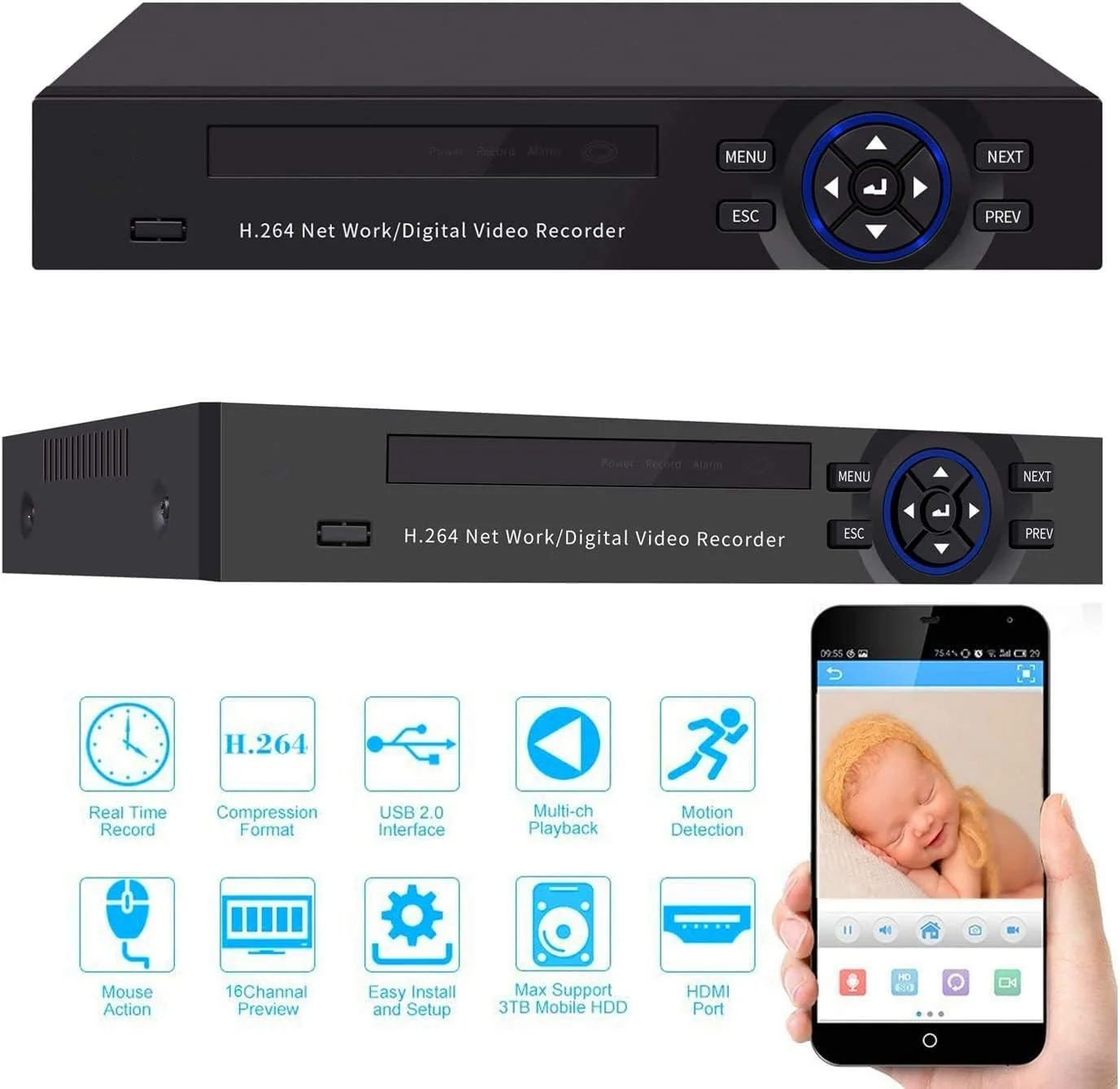 سیستم امنیتی نظارتی 16 کاناله فول اچ دی 1280 X 720P، دستگاه ضبط ویدیویی 16 کاناله مستقل H.264 DVR NVR AHD به همراه 16 عدد دوربین بولت ضدآب IP66 دید در شب/روز مادون قرمز