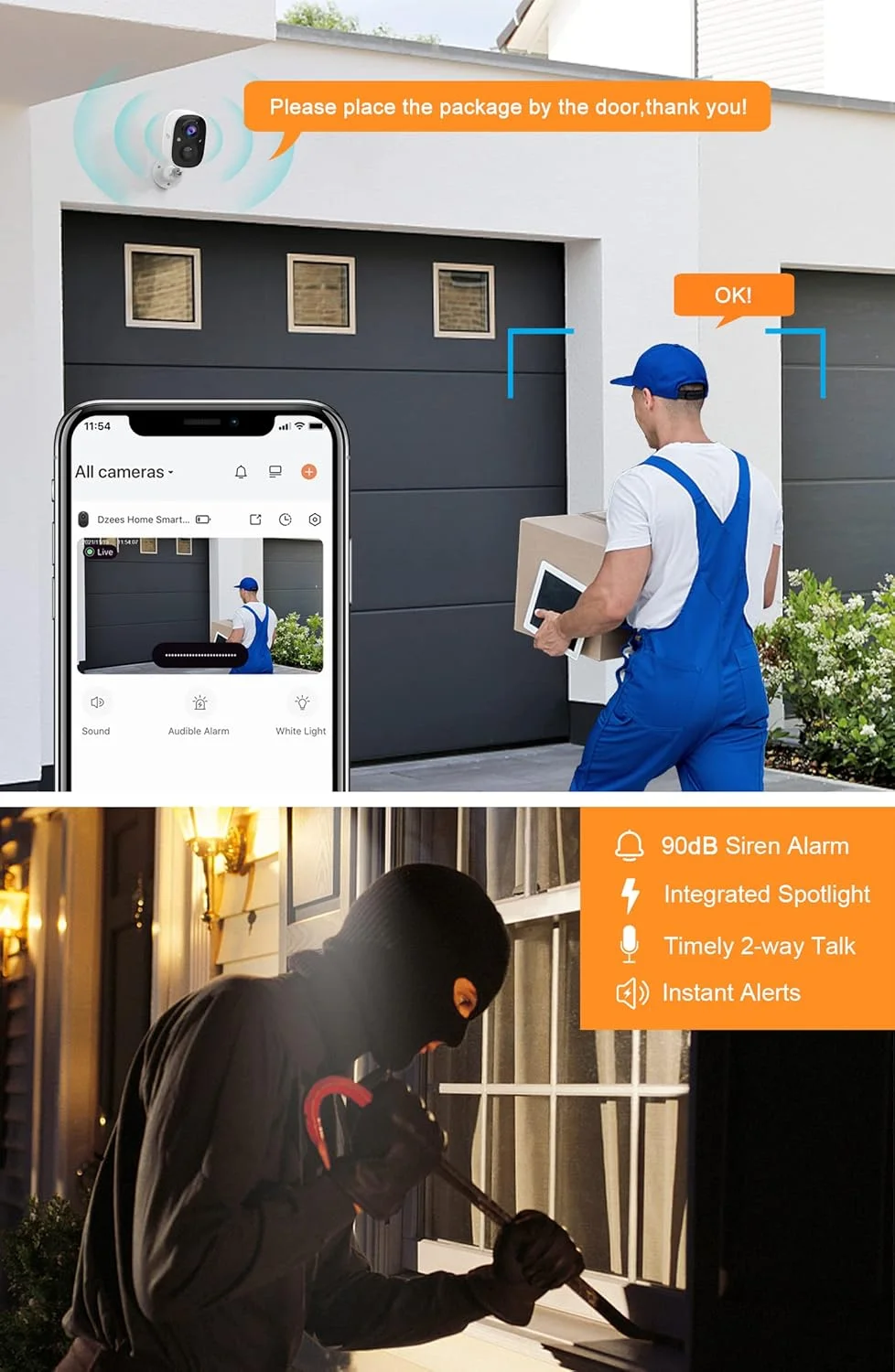 دوربین بی سیم فضای باز Dzees، دوربین نظارتی وای فای با باتری برای سیستم امنیتی خانه با آلارم آژیر و نورافکن، تشخیص حرکت، دید در شب رنگی، ضد آب IP65، فضای ابری/SD - بسته 2 عددی