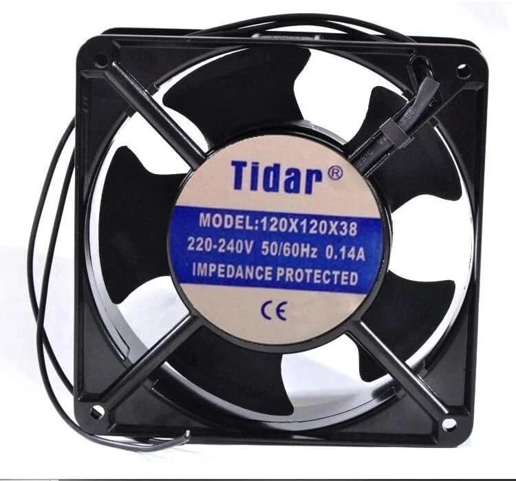 فن محوری Tidar با ابعاد 120x120x38 میلی‌متر، فن خنک‌کننده 220 ولت AC، فن تهویه خروجی با نصب پنلی 0.14 آمپر، جریان هوای بالا برای کابینت، صنعتی، HVAC، رک سرور، پروژه‌های خنک‌کننده