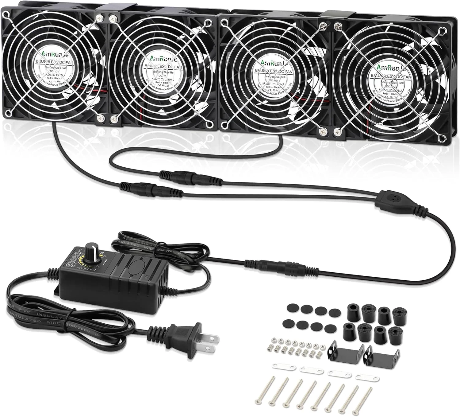 فن رک سرور AmRunJe با ابعاد ۱۲۰ میلی‌متر، ۴ عدد، DC 12V با کنترل سرعت AC 110V 220V 240V، خنک‌کننده CPU با جریان هوای بالا برای گاراژ، کامپیوتر، یخچال RV، خنک‌کننده اگزوز الکترونیک Xbox