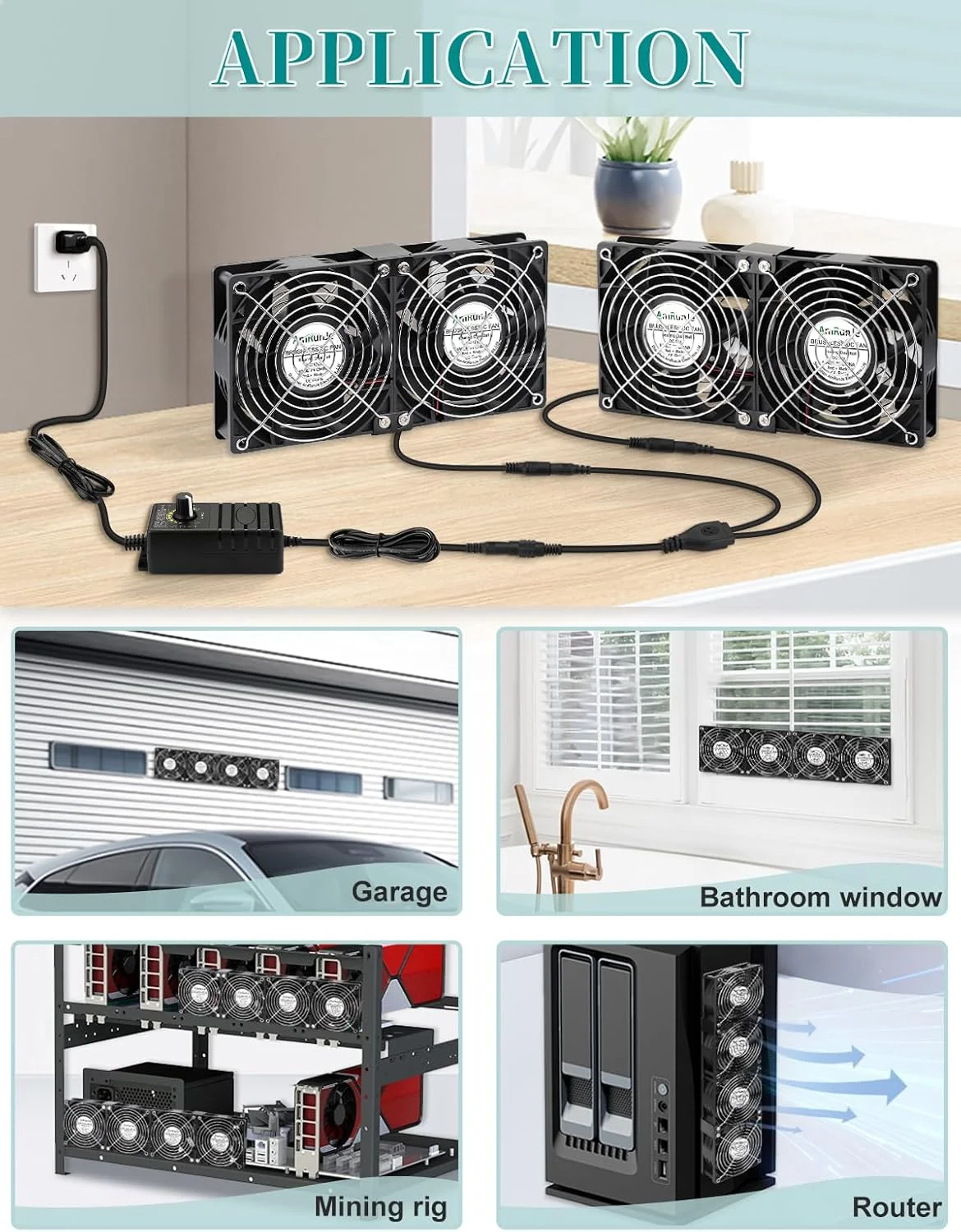 فن رک سرور AmRunJe با ابعاد ۱۲۰ میلی‌متر، ۴ عدد، DC 12V با کنترل سرعت AC 110V 220V 240V، خنک‌کننده CPU با جریان هوای بالا برای گاراژ، کامپیوتر، یخچال RV، خنک‌کننده اگزوز الکترونیک Xbox