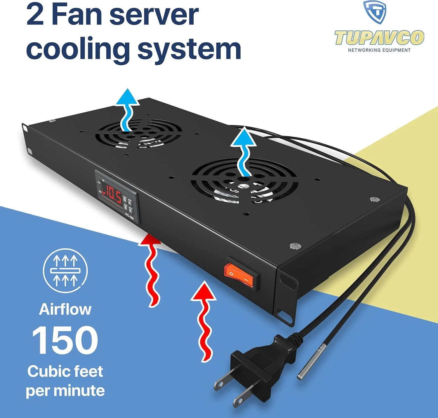 فن رک مونت - سیستم خنک کننده سرور 2 فن - پنل کابینت رک مونت 1U 19 اینچی با کنترل دمای قابل تنظیم (نمایشگر دیجیتال مانیتور حرارت) آلارم سنسور (جریان هوای بیش از حد گرمای خروجی بالا) Tupavco TP1721