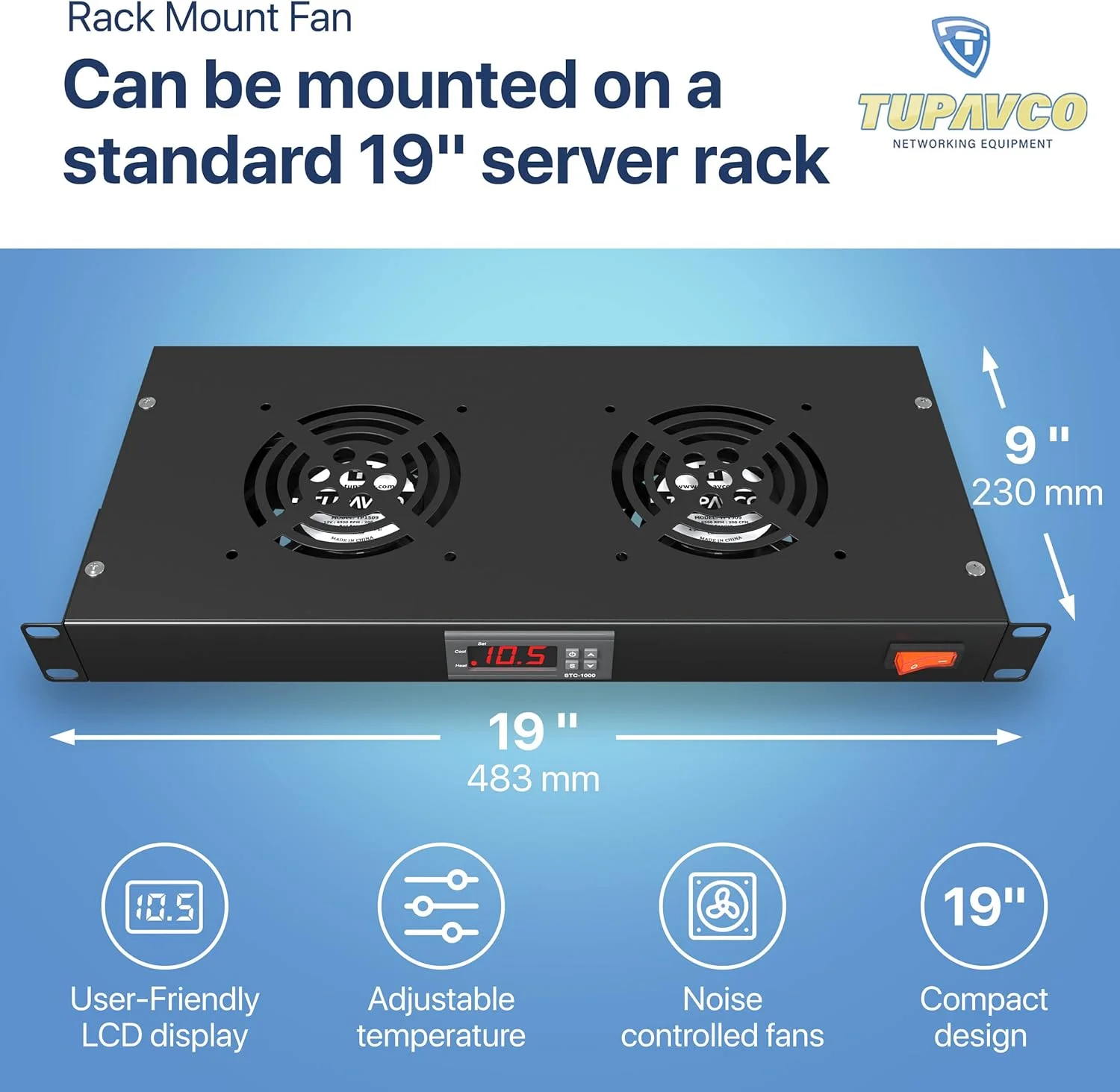 فن رک مونت - سیستم خنک کننده سرور 2 فن - پنل کابینت رک مونت 1U 19 اینچی با کنترل دمای قابل تنظیم (نمایشگر دیجیتال مانیتور حرارت) آلارم سنسور (جریان هوای بیش از حد گرمای خروجی بالا) Tupavco TP1721