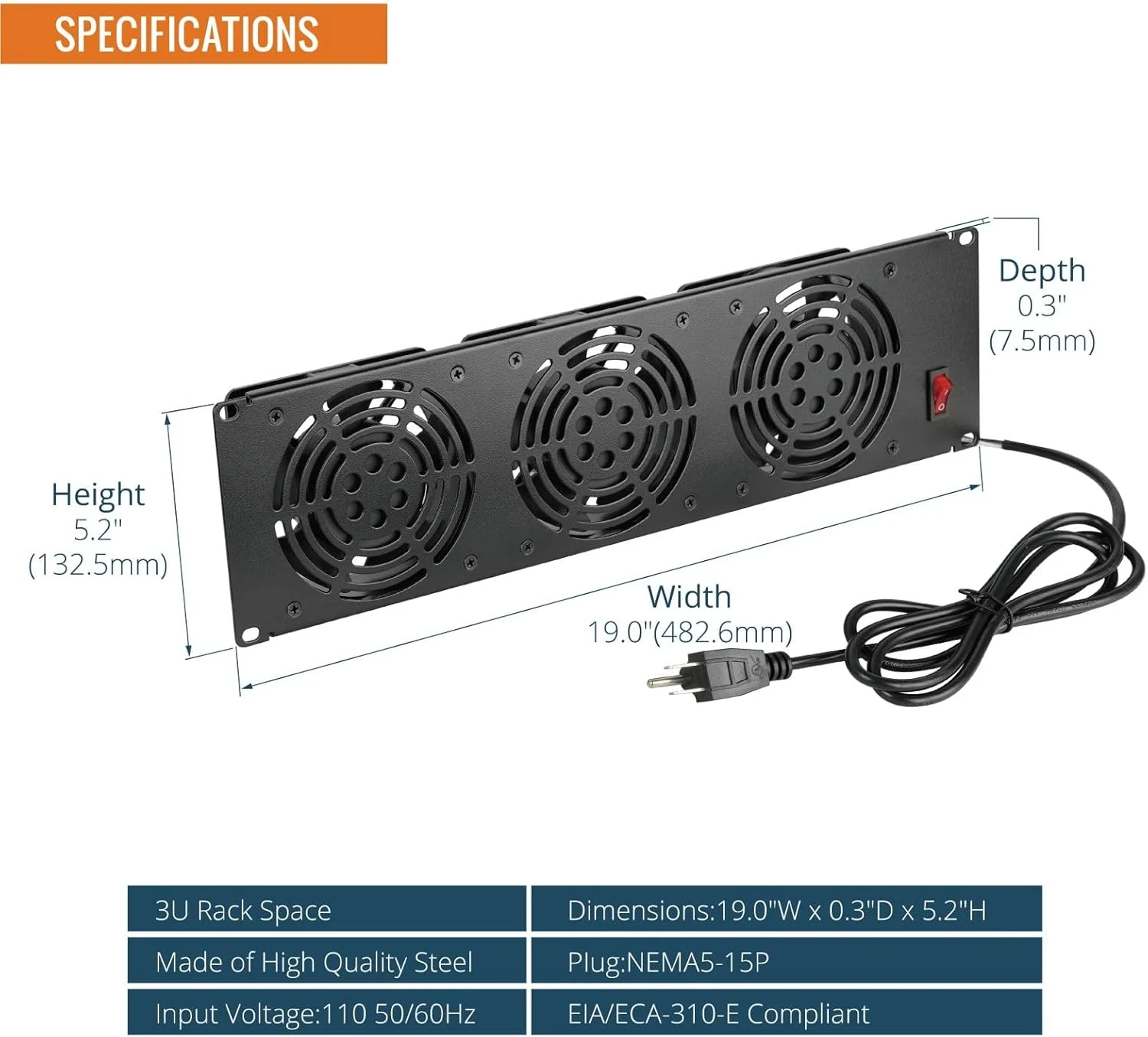 پنل فن رک مونت Tecmojo 3U، سیستم خنک کننده کابینت با 3 فن، سیستم خنک کننده سرور با سیم 6 فوتی 19 اینچی برای رک صوتی و کابینت AV در دفتر، تئاتر (مونتاژ عمودی)