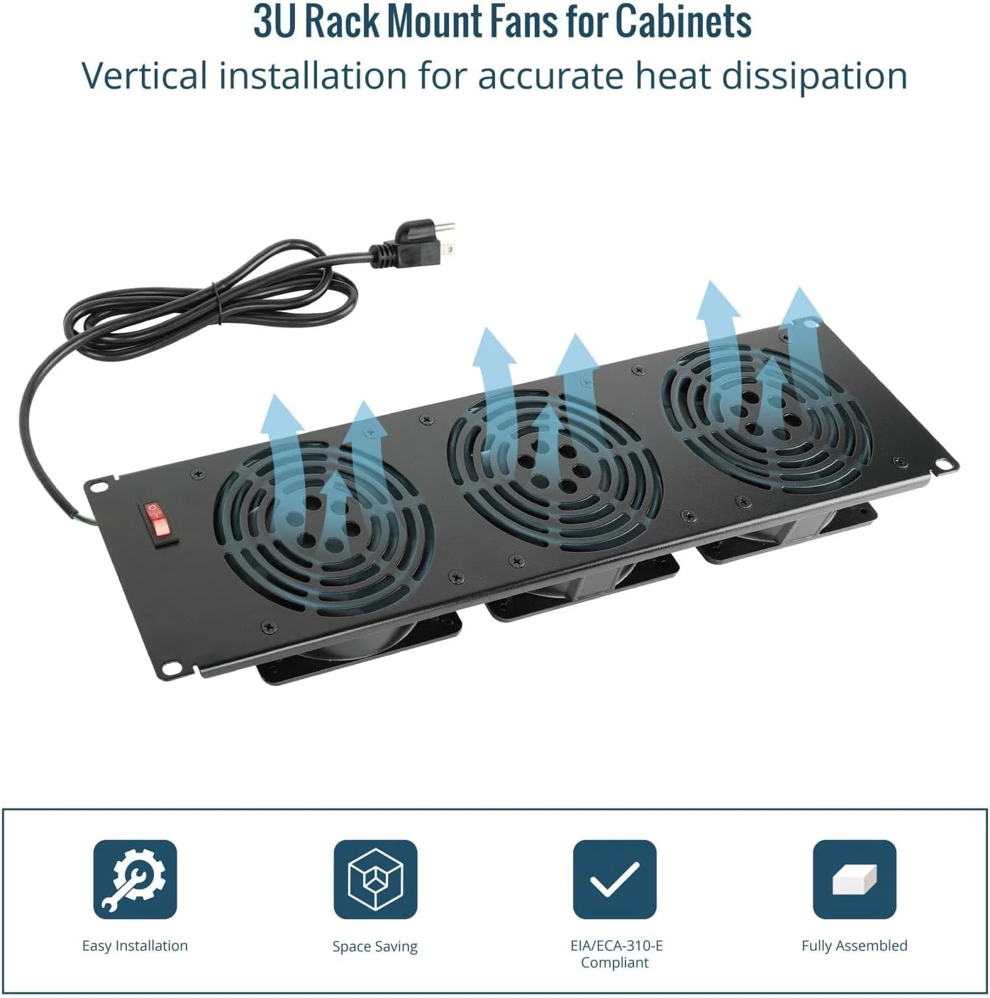 پنل فن رک مونت Tecmojo 3U، سیستم خنک کننده کابینت با 3 فن، سیستم خنک کننده سرور با سیم 6 فوتی 19 اینچی برای رک صوتی و کابینت AV در دفتر، تئاتر (مونتاژ عمودی)