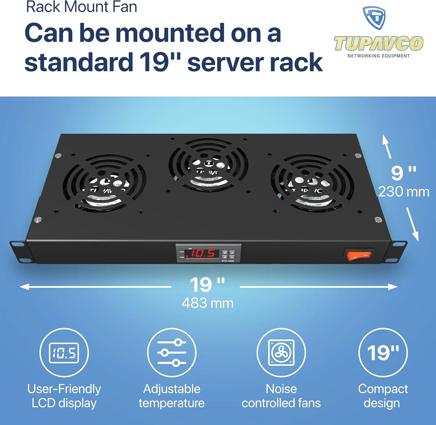 فن رک مونت - سیستم خنک کننده سرور 3 فن - پنل کابینت رک مونت 1U 19 اینچی با کنترل دمای قابل تنظیم (نمایشگر دیجیتال مانیتور حرارت) آلارم سنسور (جریان هوای خروجی از بالا در اثر گرمای بیش از حد) توپاوکو TP1731
