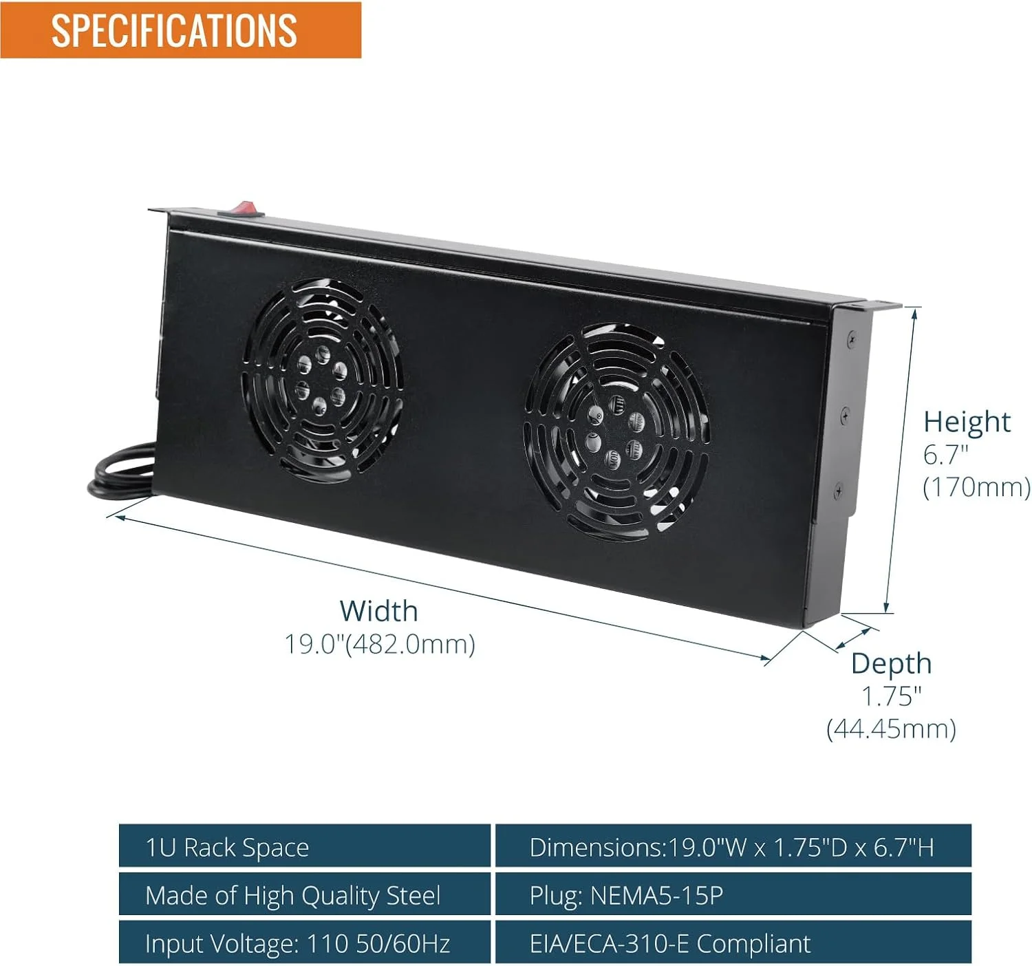 سیستم خنک کننده رک مونت تک موجو، 1 یونیت، 2 فن، جریان هوای خروجی، برای خنک کردن تجهیزات صوتی و تصویری، سینمای خانگی، رک های شبکه 19 اینچی