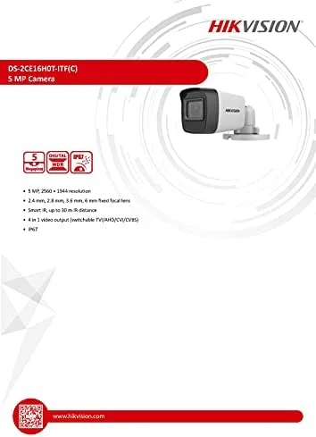 دوربین مینی بولت HD هایک ویژن 4 در 1 توربو آنالوگ IR با لنز ثابت 2.8 میلی متری (DS-2CE16H0T-ITF، تا 5 مگاپیکسل HD-TVI و AHD/ 4 مگاپیکسل CVI، دارای استاندارد IP67)