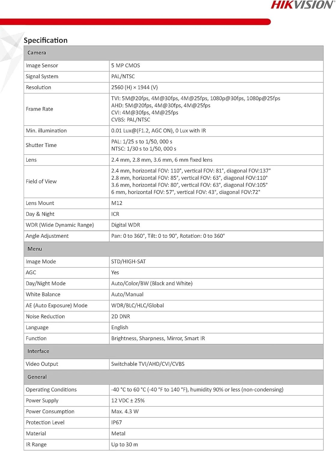 دوربین مینی بولت HD هایک ویژن 4 در 1 توربو آنالوگ IR با لنز ثابت 2.8 میلی متری (DS-2CE16H0T-ITF، تا 5 مگاپیکسل HD-TVI و AHD/ 4 مگاپیکسل CVI، دارای استاندارد IP67)