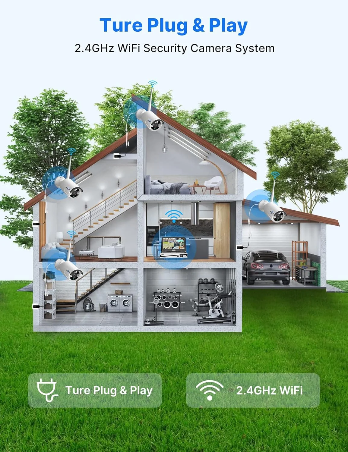 سیستم دوربین مداربسته بی سیم قابل گسترش Hiseeu با مانیتور 10 اینچی LCD 4K، شامل 4 دوربین 5 مگاپیکسلی داخلی/خارجی با صدای یک طرفه، ضد آب، تشخیص حرکت، 1 ترابایت هارد دیسک/ذخیره سازی ابری