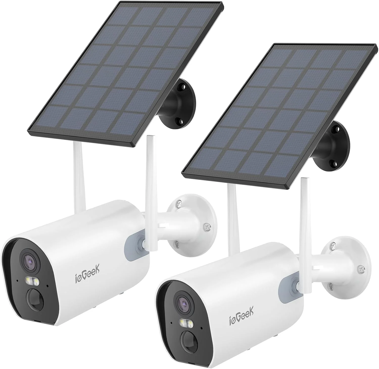 دوربین های امنیتی خورشیدی بی سیم فضای باز ieGeek، بسته 2 عددی، دوربین نظارتی خانگی وای فای با باتری، دارای آژیر هوشمند و نورافکن، سیستم دوربین حسگر حرکتی 2K، صدای 2 طرفه/IP65 ضد آب
