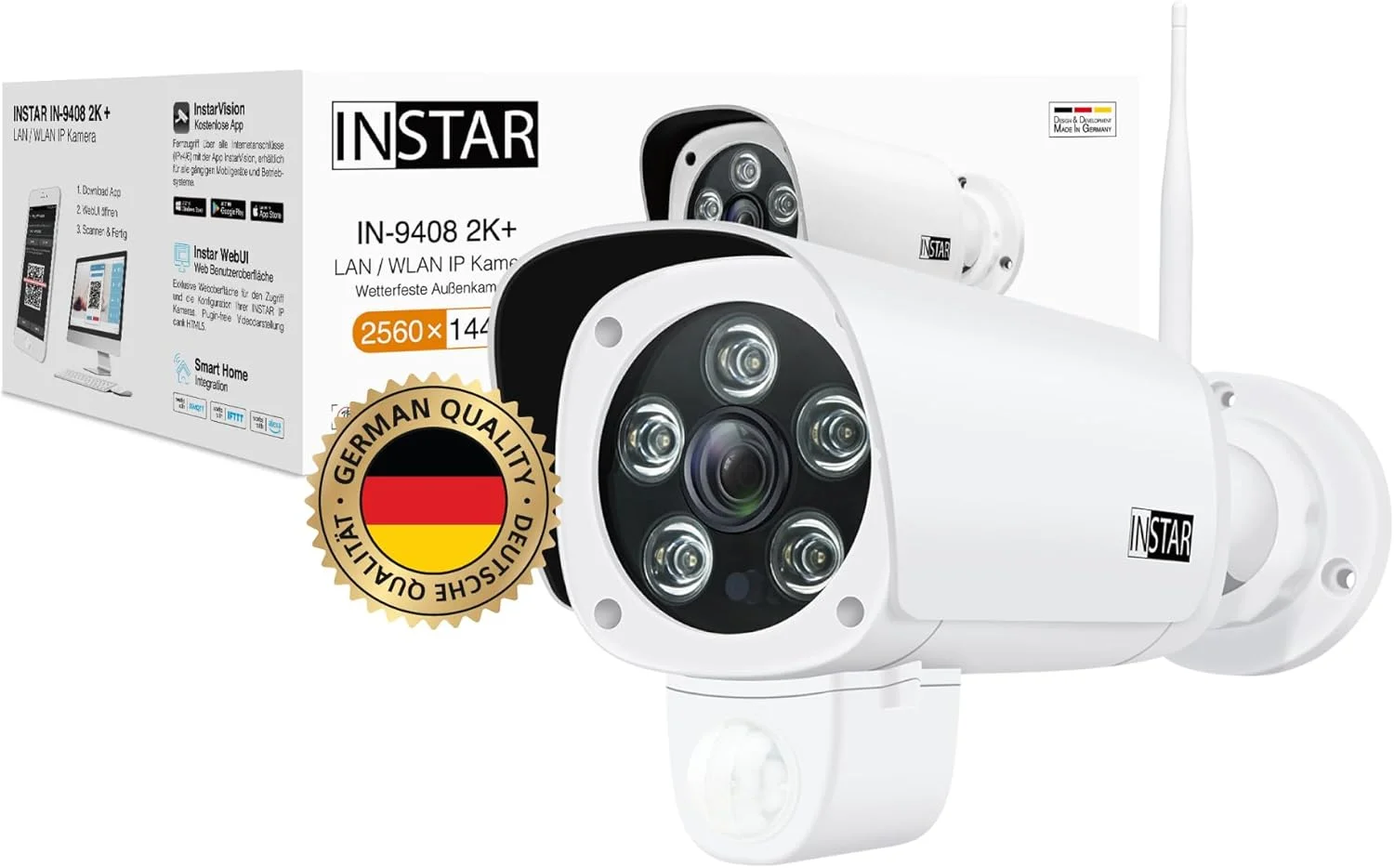 دوربین مداربسته تحت شبکه وای فای INSTAR IN-9408 2K+ سفید - دوربین فضای باز با هوش مصنوعی - وای فای 2.4 و 5 گیگاهرتز - WPA3 - HomeKit - PIR - تشخیص حرکت - ONVIF - RTSP