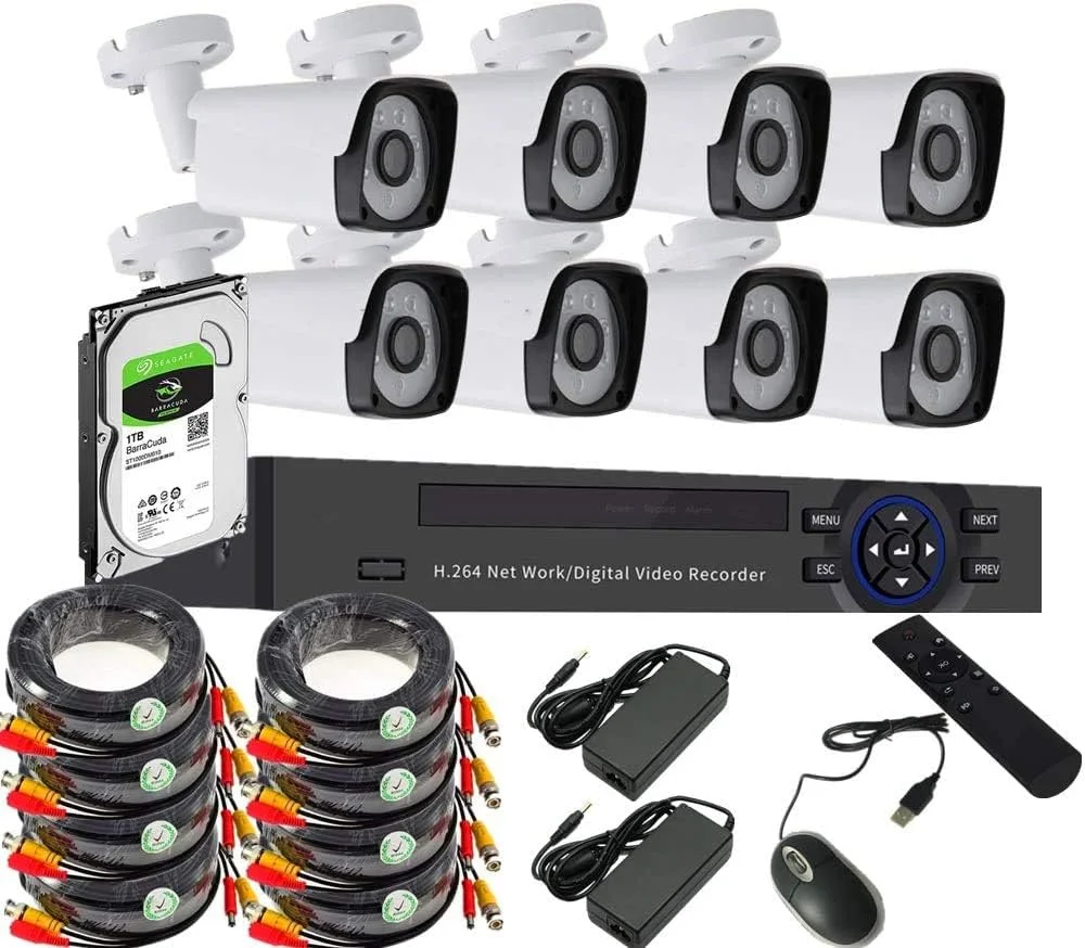 کیت امنیتی دوربین مداربسته 8 کانال با هارد دیسک 1 ترابایتی، دوربین 1080P/2.0MP با رزولوشن 1920X1080، کیت DVR نظارتی 8CH با 8 عدد دوربین بولت فلزی 2.0 مگاپیکسلی 1080P مناسب فضای باز، سیستم هشدار و P2P برای امنیت خانه