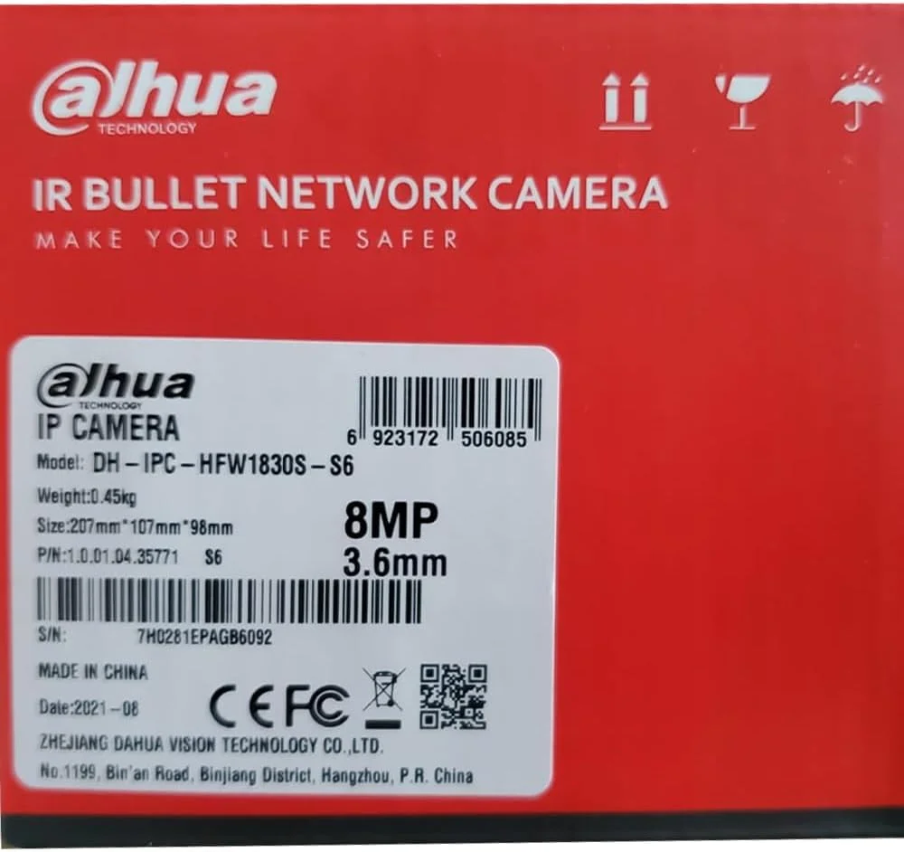 دوربین مداربسته تحت شبکه 8 مگاپیکسلی داهوا مدل IPC-HFW1830S-S6، دوربین بولت بیرونی با لنز 2.8 میلی‌متری، دید در شب IR، ضد آب IP67، فوکوس ثابت، فشرده‌سازی H.265+، سازگار با ONVIF