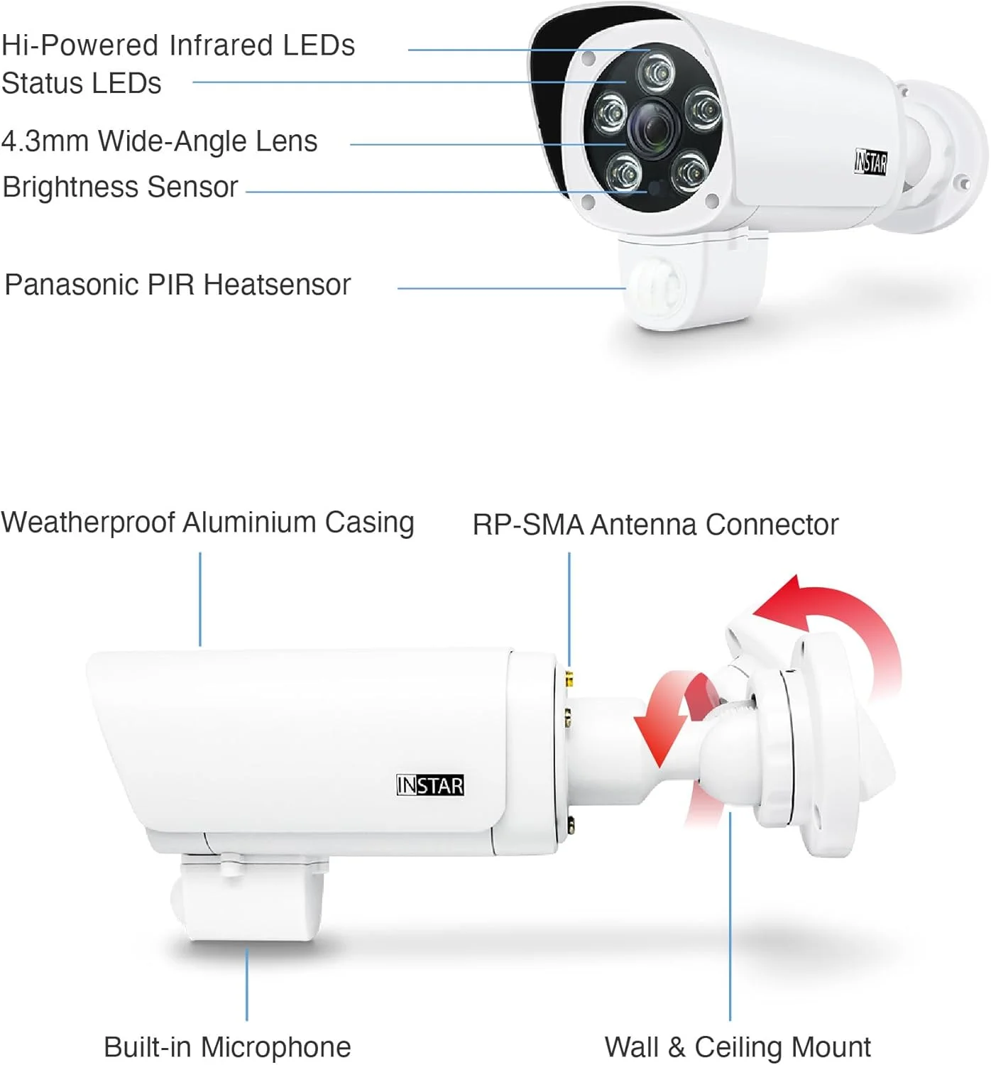 دوربین مداربسته تحت شبکه وای فای INSTAR IN-9408 2K+ سفید - دوربین فضای باز با هوش مصنوعی - وای فای 2.4 و 5 گیگاهرتز - WPA3 - HomeKit - PIR - تشخیص حرکت - ONVIF - RTSP
