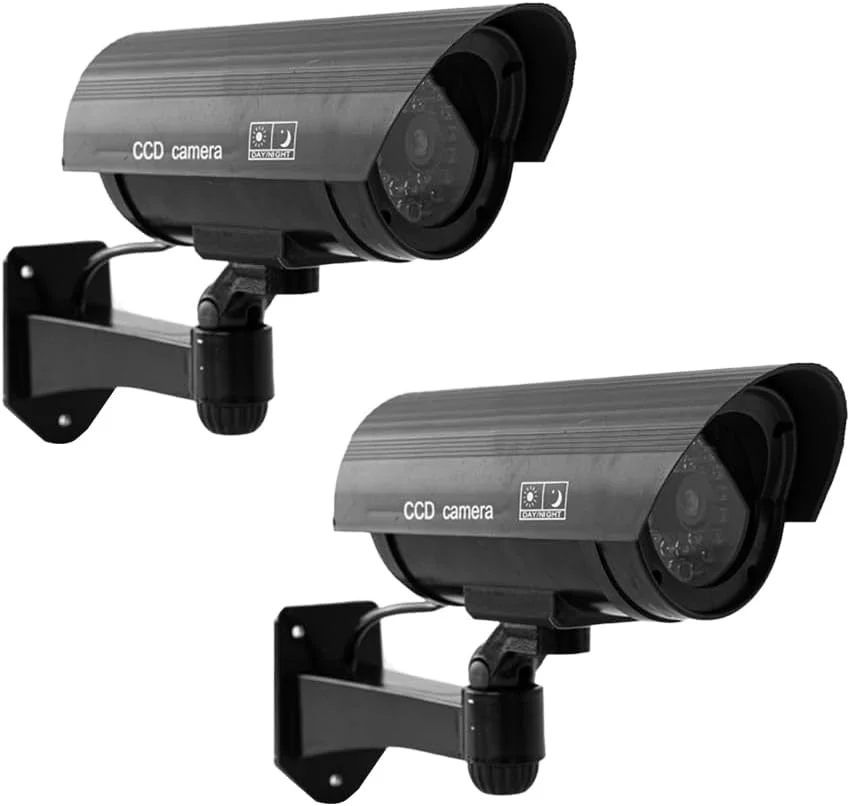 لاروال 2 عدد دوربین مداربسته تقلبی ضد آب مدل گلوله ای شکل مشکی با LED قرمز چشمک زن برای نظارت در فضای باز (مشکی)