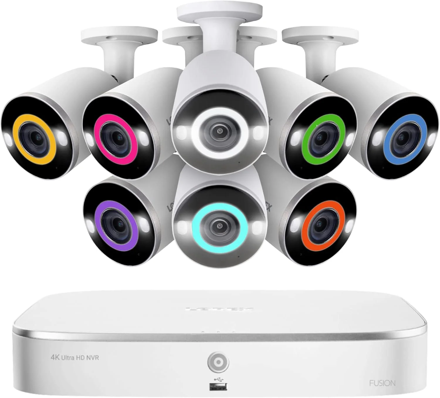 سیستم NVR شانزده کاناله (8 سیم‌دار و 8 وای‌فای) 2 ترابایتی Lorex N4K2SL-88WB Fusion 4K با 8 دوربین بولت دارای نورپردازی امنیتی هوشمند