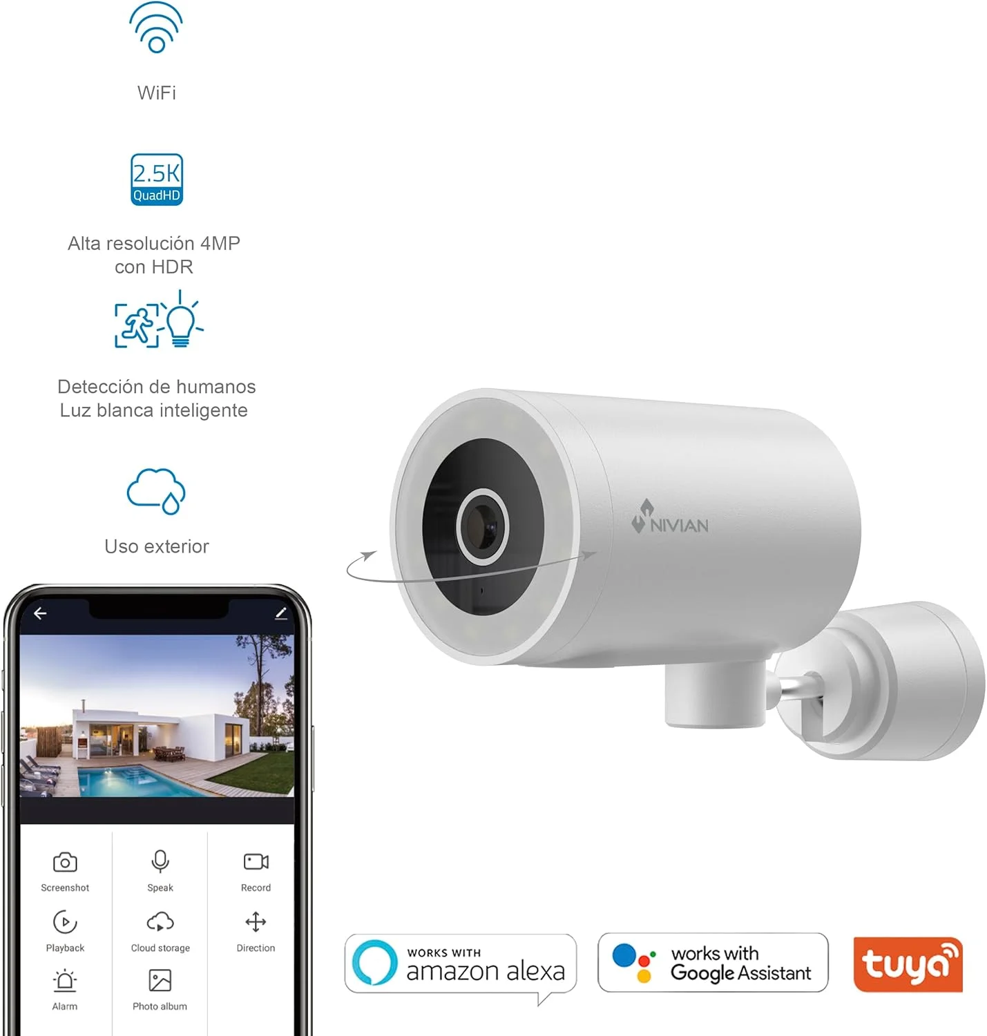 دوربین مداربسته وای فای نیمه 4K نیویان مدل (NVS-IPC-0H3-L) مناسب فضای باز، با دید در شب رنگی، پشتیبانی از الکسا و گوگل هوم و کنترل از طریق اپلیکیشن Tuya