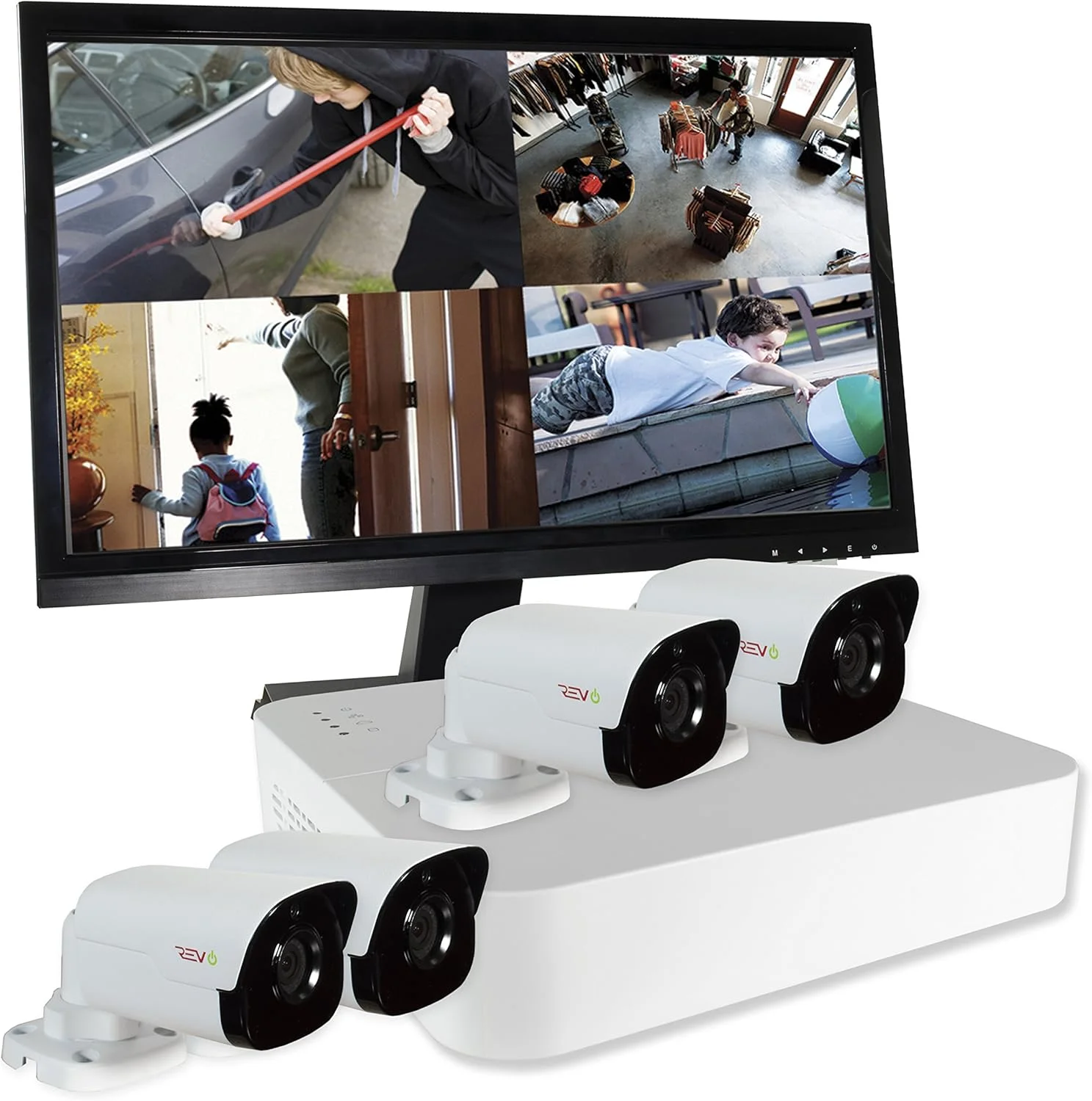 سیستم نظارتی REVO America RU41B4GM22-1T Ultra HD 4-CH 1TB NVR با 4 دوربین بولت 4 مگاپیکسلی (سفید)