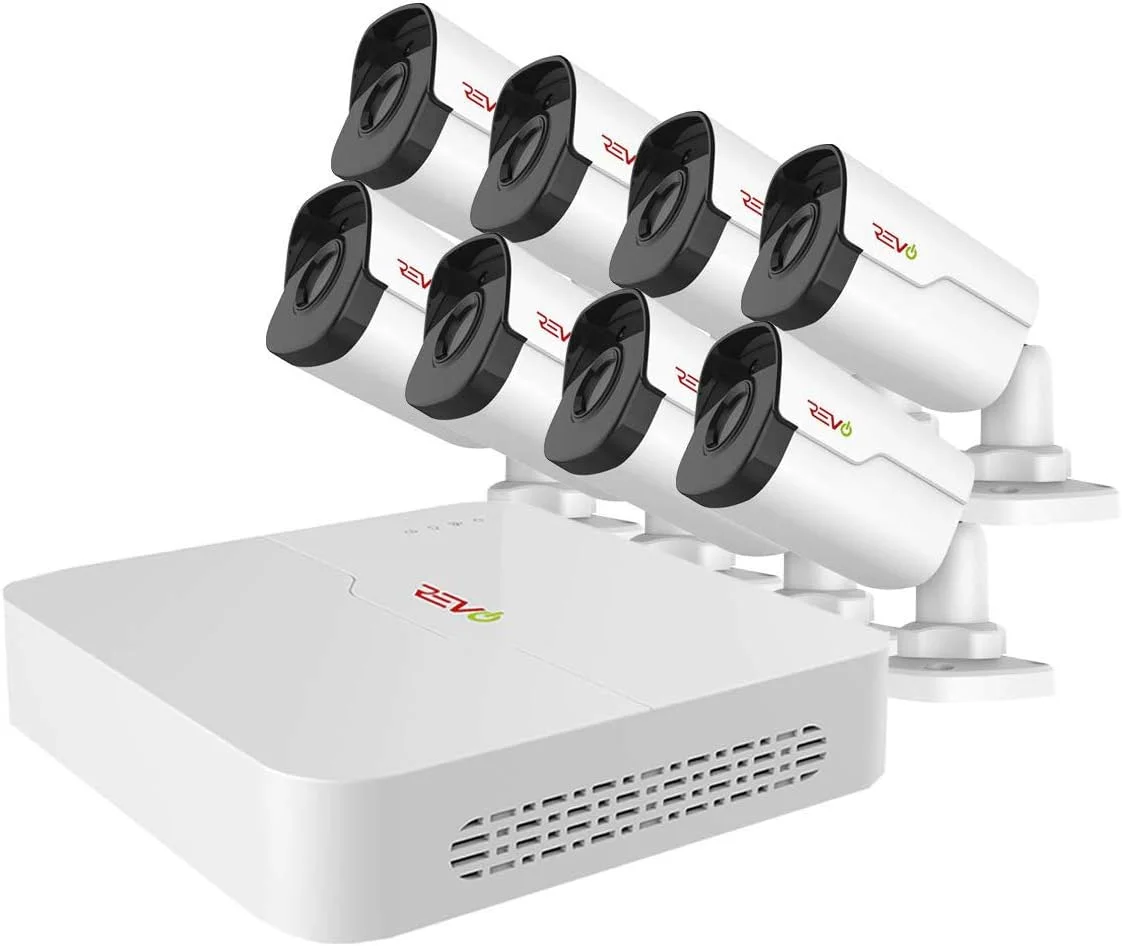سیستم نظارت تصویری REVO America Ultra HD با دستگاه ضبط ویدیویی تحت شبکه (NVR) هشت کاناله، هارد دیسک 2 ترابایتی و 8 دوربین امنیتی گلوله‌ای 4 مگاپیکسلی IP - دسترسی از راه دور از طریق تلفن هوشمند، تبلت، رایانه شخصی و مک، سفید، 8 کانال (RU81B8G-2T)