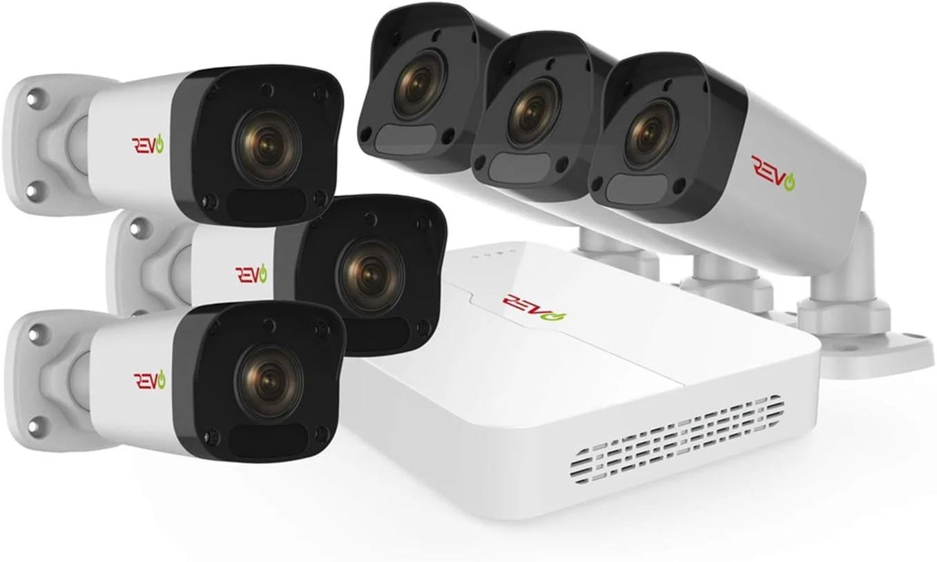 دستگاه ضبط ویدیویی تحت شبکه 8 کاناله 4K H.265 Revo America Ultra، دارای هارد دیسک 2 ترابایتی مخصوص نظارت، دسترسی از راه دور، به همراه 6 دوربین گلوله‌ای مادون قرمز 1080p مناسب فضای داخلی/خارجی