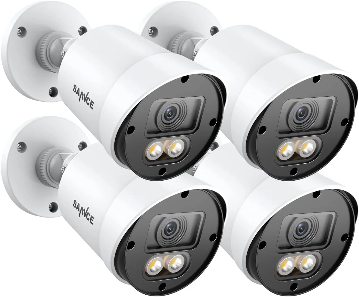 دوربین مداربسته دید در شب رنگی SANNCE، دوربین مداربسته سیمی 1080P TVI برای خانه، استفاده در داخل و خارج از منزل، LED نورافکن گرم هوشمند 3500K داخلی، 4 دوربین با آداپتور و کابل