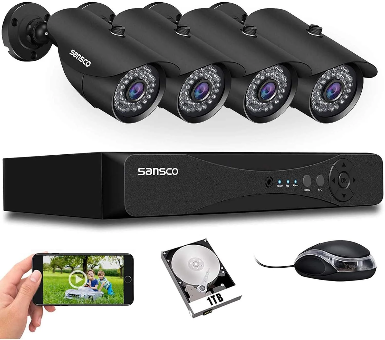 سیستم دوربین مداربسته SANSCO [TRUE 1080p]، DVR نظارتی 4 کاناله 5 مگاپیکسلی با (4) دوربین بولت 2 مگاپیکسلی فضای باز، هارد دیسک 1 ترابایتی (1920x1080p، ضد آب و هوا، تشخیص حرکت، پشتیبان گیری سریع USB، دسترسی از راه دور)