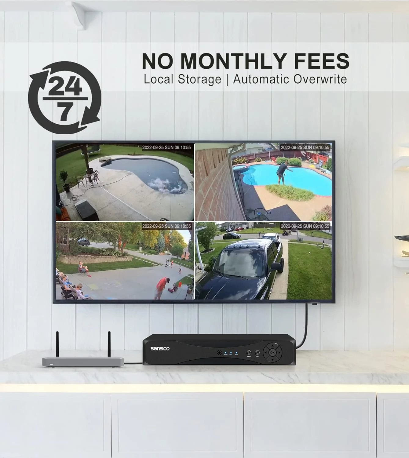 سیستم دوربین مداربسته SANSCO [TRUE 1080p]، DVR نظارتی 4 کاناله 5 مگاپیکسلی با (4) دوربین بولت 2 مگاپیکسلی فضای باز، هارد دیسک 1 ترابایتی (1920x1080p، ضد آب و هوا، تشخیص حرکت، پشتیبان گیری سریع USB، دسترسی از راه دور)