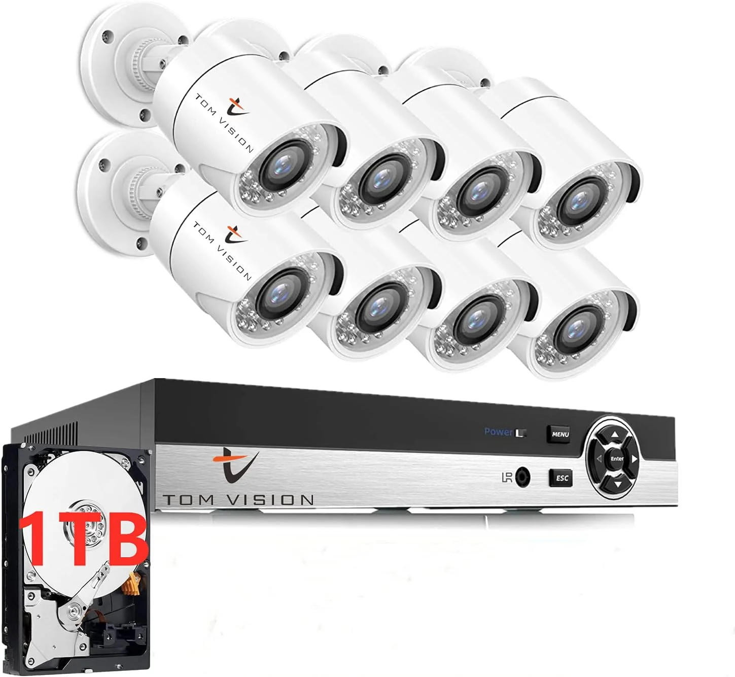 سیستم دوربین مداربسته 8 کاناله 2 مگاپیکسلی Tomvision، کیت DVR نظارتی با 8 عدد دوربین فلزی بولت به همراه هارد دیسک 1 ترابایتی