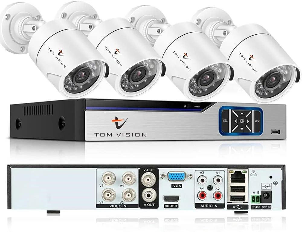 کیت دوربین مداربسته 4 کانال Tomvision AHD 2 مگاپیکسل/720P، سیستم ضبط امنیتی مداربسته، شامل 4 عدد دوربین بولت خارجی و سیستم هشدار ابری P2P برای امنیت خانه (4 کانال (بدون هارد دیسک)، 4 دوربین خارجی)