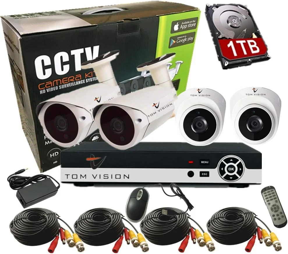 کیت دوربین مداربسته AHD چهار کاناله Tomvision با هارد دیسک 1000 گیگابایتی برای ضبط 2.0 مگاپیکسل/1080P سیستم امنیتی مداربسته، کیت مداربسته شامل 4 عدد دوربین بولت ضد آب IP66 مناسب فضای باز و سیستم هشدار ابری P2P برای امنیت خانه