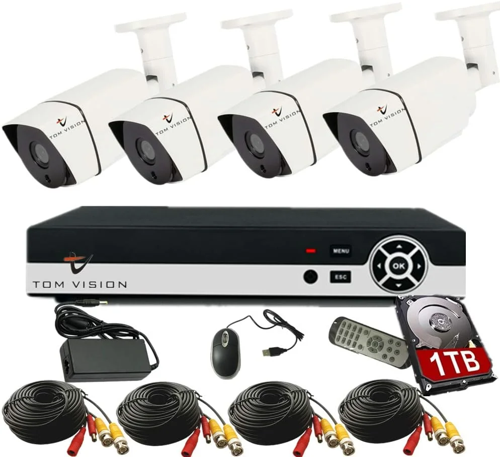 کیت دوربین مداربسته AHD چهار کانال tomvision با هارد دیسک 1 ترابایتی، سیستم ضبط امنیتی 2.0 مگاپیکسلی/1080P، کیت دوربین مداربسته شامل 4 عدد دوربین بولت فضای باز و سیستم هشدار ابری P2P برای امنیت خانه